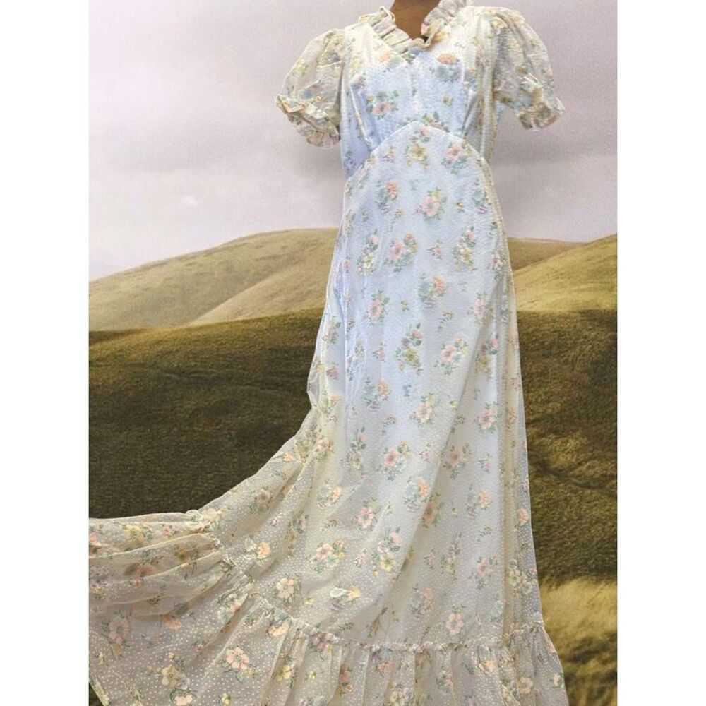 Vintage Garden Party Cottage Antique Style Coquette Feminine Floral Maxi Dress - Picture 2 of 8